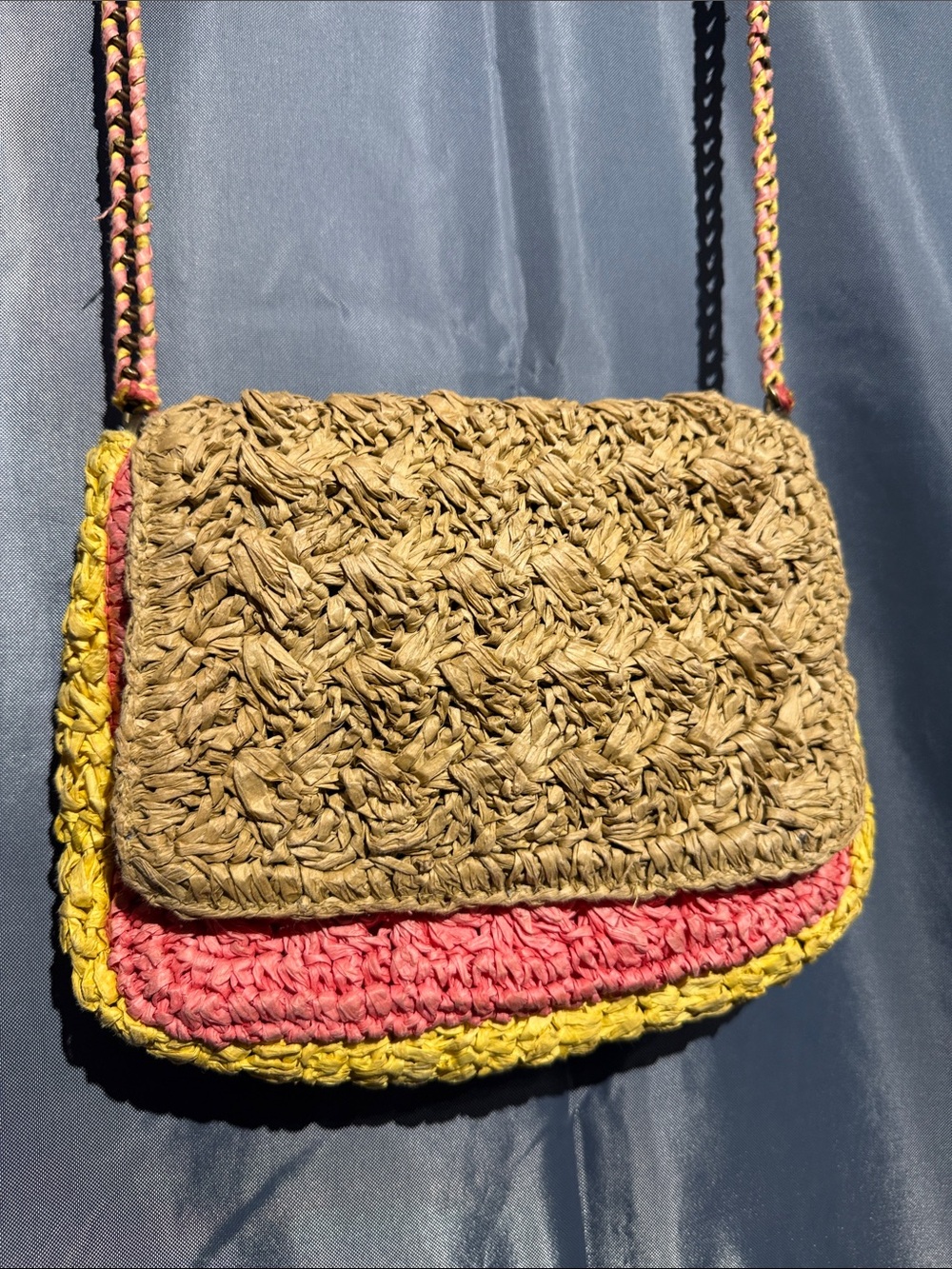 J. Crew Woven Straw Crossbody with Pink & Yellow Trim